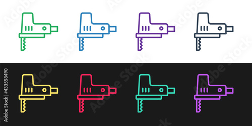 Set line Electric jigsaw with steel sharp blade icon isolated on black and white background. Power tool for woodwork. Vector