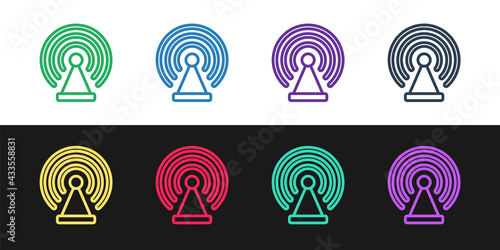 Set line Radar icon isolated on black and white background. Search system. Satellite sign. Vector