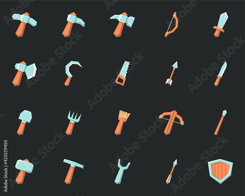 Tools icons set. Isolated vector illustration of mobile game sprites. Design for stickers, logo, mobile app. Arcade or match 3 2d graphics game asset. Flat weapon and equipment sprites sheet.