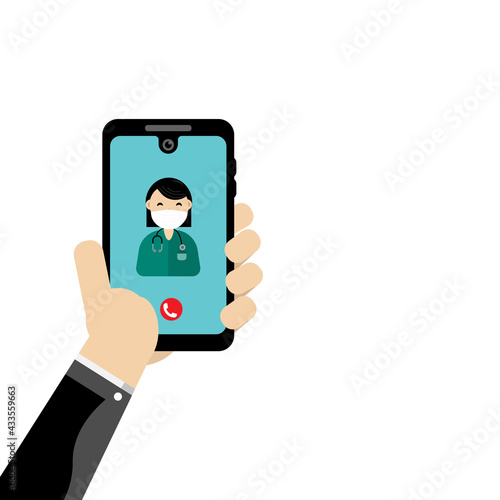 Patient Hand holding smartphone with young female doctor.Video Call for consultation. Online medical services health care concept with copy space for banner,website and print. Vector flat illustration