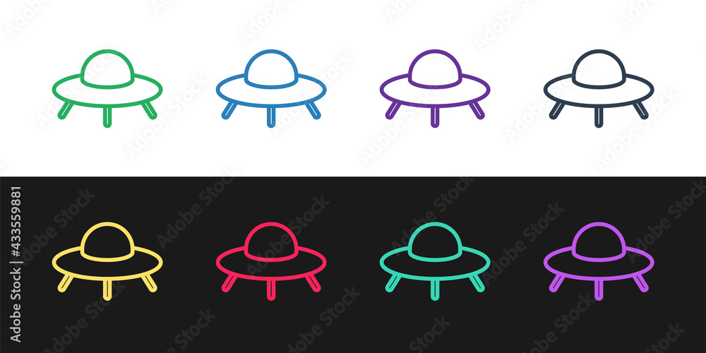Set line UFO flying spaceship icon isolated on black and white background. Flying saucer. Alien space ship. Futuristic unknown flying object. Vector Set line UFO flying spaceship icon isolated on black and white background. Flying saucer. Alien space ship. Futuristic unknown flying object. Vector