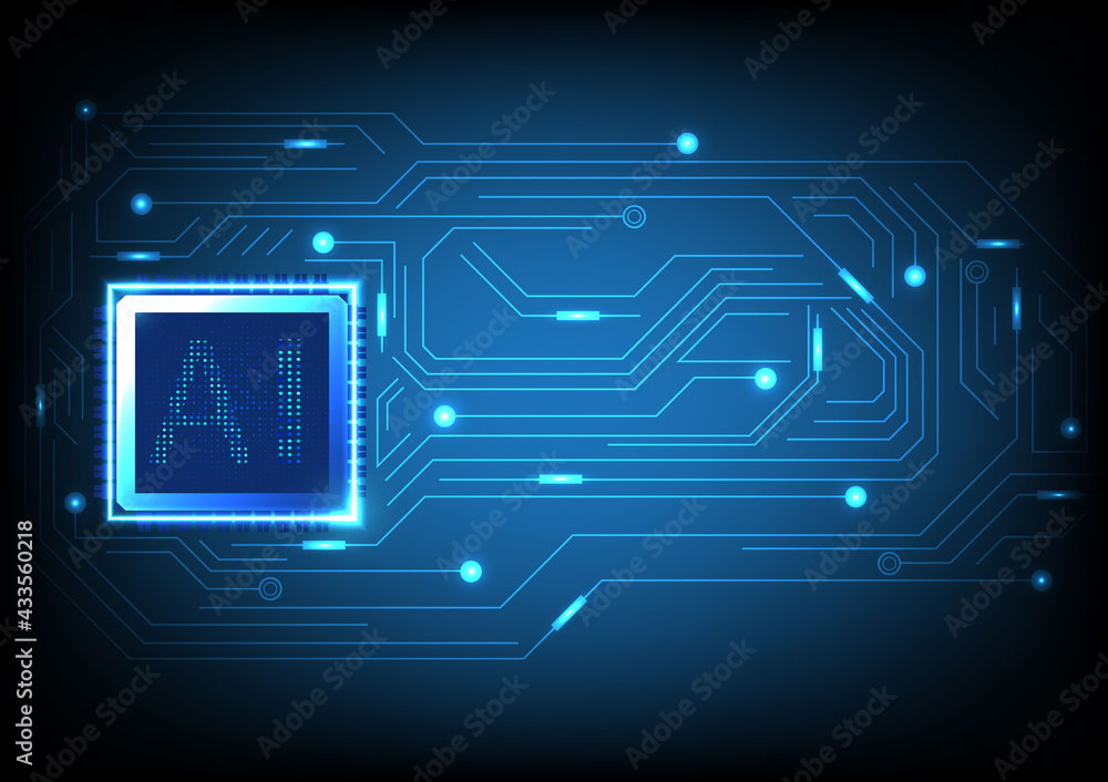 Abstract technology artificial intelligence concept, high tech AI chip CPU processors computer circuit board on dark blue background. Abstract technology artificial intelligence concept, high tech AI chip CPU processors computer circuit board on dark blue background.
