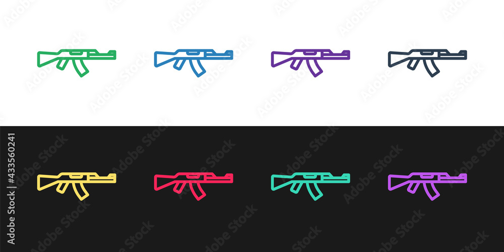 Set line Submachine gun icon isolated on black and white background. Kalashnikov or AK47. Vector