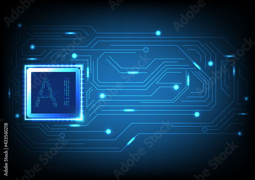Abstract technology artificial intelligence concept, high tech AI chip CPU processors computer circuit board on dark blue background.