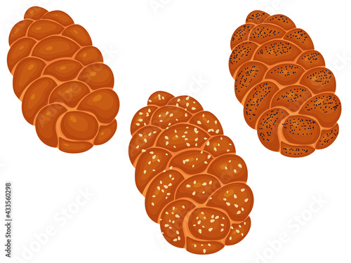 Set of challah is the national Jewish food. White bread. Vector illustration isolated on white background.