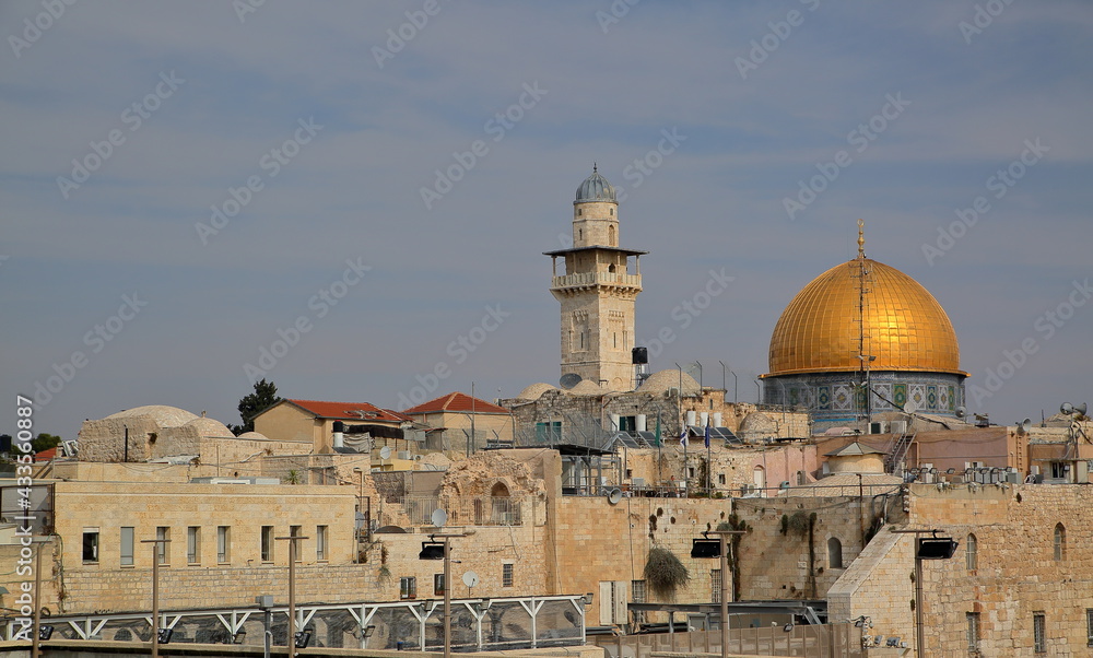Holy Temple with golden cupola of Dome on the Rock against sky