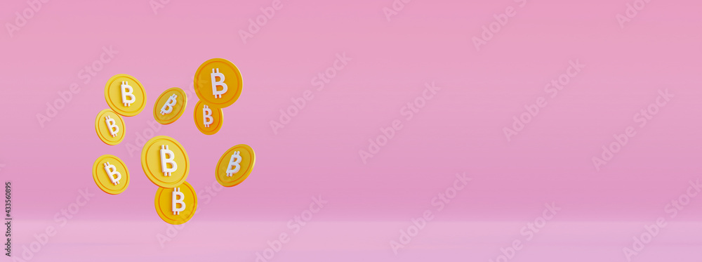 Bitcoin levitating coins. Cryptocurrency finance transactions made using blockchain technology. Mining btc 3d render in cartoon style
