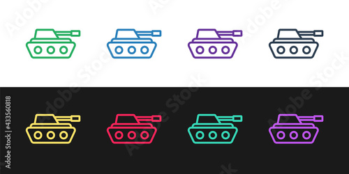 Set line Military tank icon isolated on black and white background. Vector