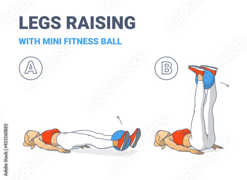 Girl Doing Leg Raises with Fitness Mini Ball Home Workout Exercise Guide Color Illustration.