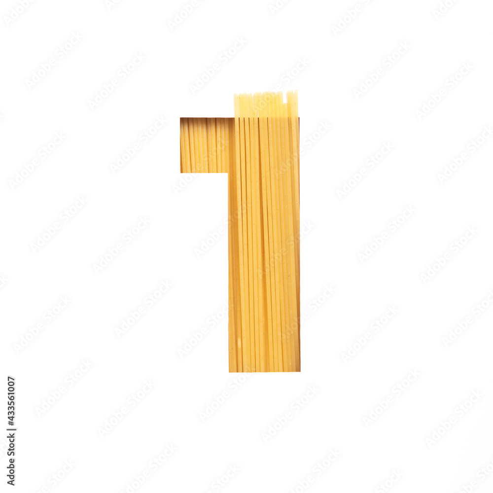 Number one made of pasta and white cut paper in shape of first numeral. Typeface for grocery organic products store Number one made of pasta and white cut paper in shape of first numeral. Typeface for grocery organic products store