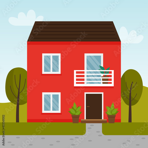 Vector flat illustration with red house. Two story house with balcony.