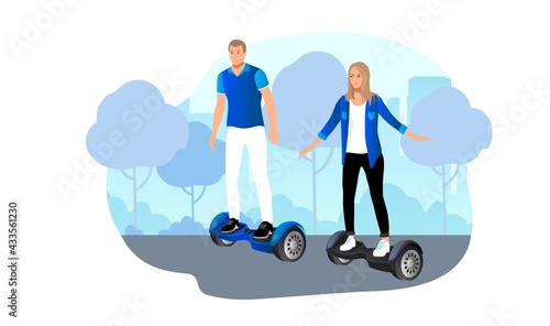 Modern young human riding, driving electric self-balancing gyroscooter. Vector illustration.