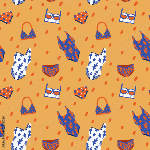 Background of summer swimsuits and bikinis. Women's beachwear, swimwear, swimming trunks, shorts for textiles. Summer vacation on the beach texture. Vector illustration