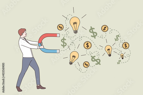 New idea, business success, money earning concept. Young businessman cartoon character standing and attracting money profit and development in ideas with magnet vector illustration 