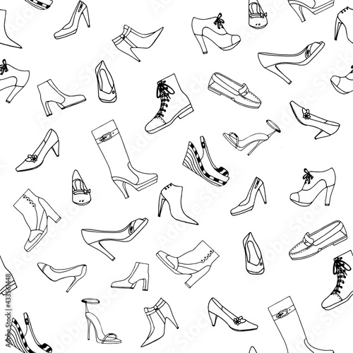 Collection of women's shoes on a white background, seamless pattern.