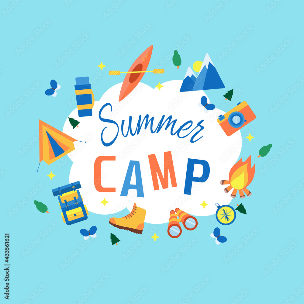 Summer camp banner with items for tourism.
