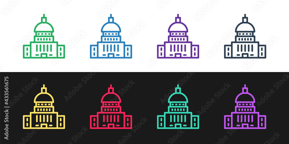 Set line White House icon isolated on black and white background. Washington DC. Vector