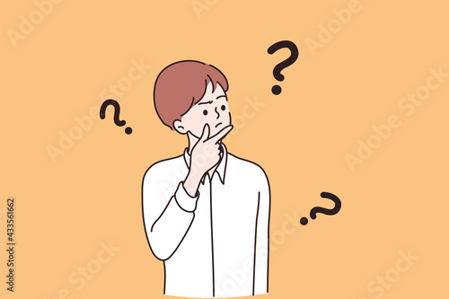 Feeling doubt, question, making decision concept. Young frustrated man or boy cartoon character standing feeling doubt with question signs above vector illustration 
