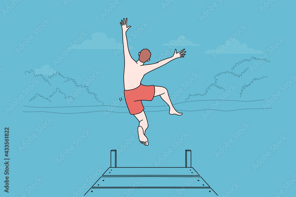 Summer leisure activities concept. Young man boy jumping to water of lake or sea on summer nature landscape from pier and enjoying vacations vector illustration 