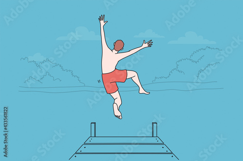 Summer leisure activities concept. Young man boy jumping to water of lake or sea on summer nature landscape from pier and enjoying vacations vector illustration 