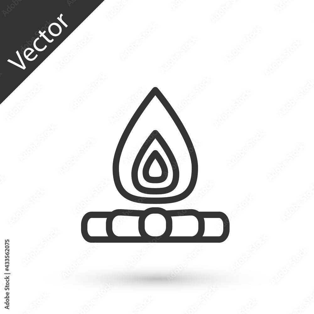 Grey line Campfire icon isolated on white background. Burning bonfire with wood. Vector Grey line Campfire icon isolated on white background. Burning bonfire with wood. Vector