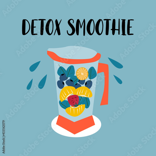 Healthy food and detox concept. Lettering detox smoothie and blender with fruit i years and spinach leaves. Vector illustration on a blue background 