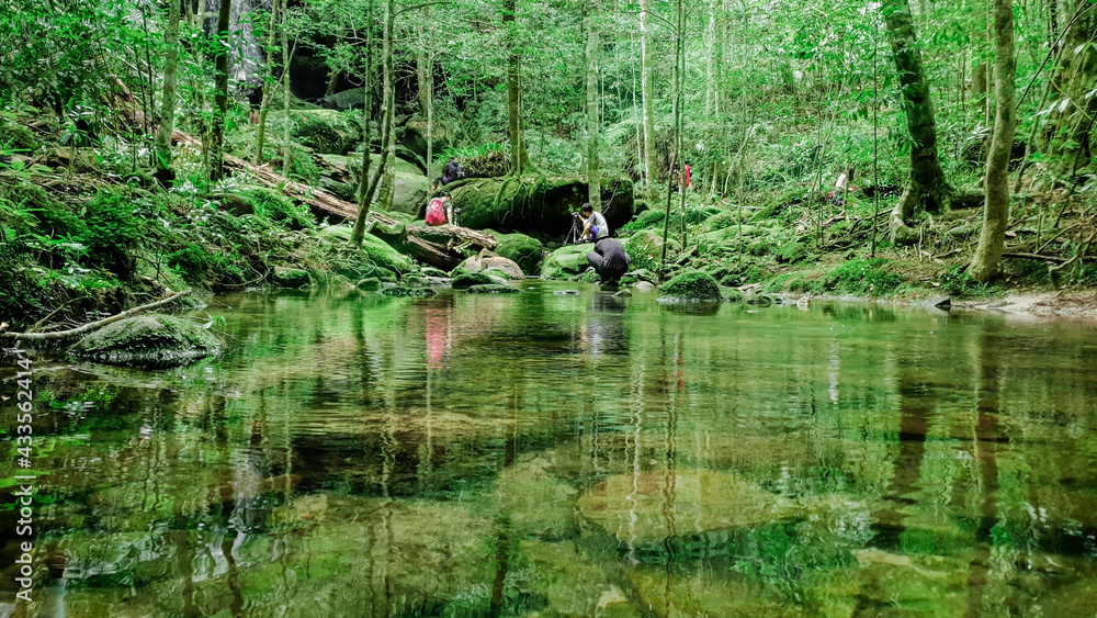 Traveller and photographer are taking the photo of waterfall, Clear river with green rocks and trees above the water surface, Nature leaves shadow over the river in the dark forest Traveller and photographer are taking the photo of waterfall, Clear river with green rocks and trees above the water surface, Nature leaves shadow over the river in the dark forest