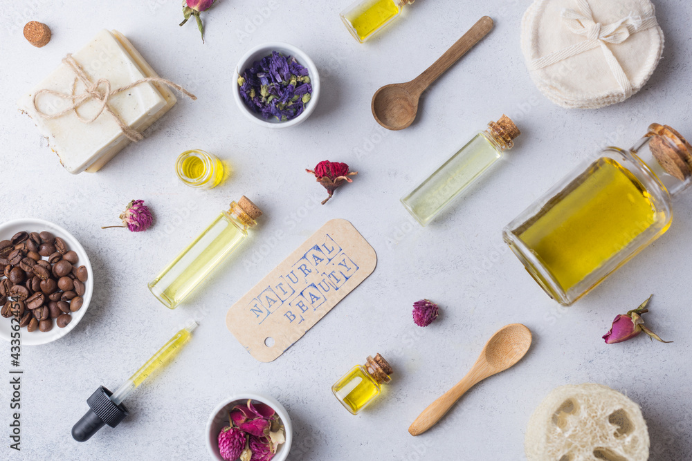 Natural bathroom accessories, organic spa and beauty treatment products. Zero waste, plastic free concept. Flat lay Natural bathroom accessories, organic spa and beauty treatment products. Zero waste, plastic free concept. Flat lay