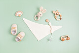 Baby shoes and teethers. Organic newborn accessories, branding, small business idea