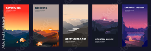 Collection of mountain and river landscapes for banner, web site, social media. Editable vector illustration with summer camping, overnight near to bonfire in tent photo