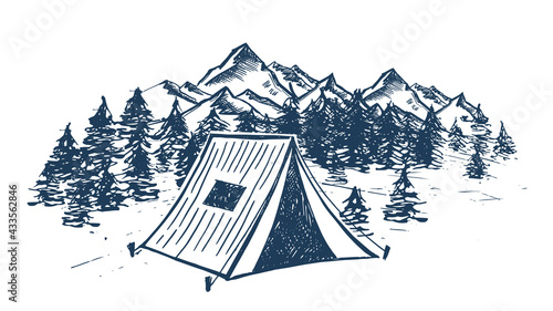 Sketch Camping in nature, Mountain landscape, vector illustrations. 