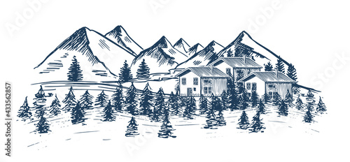 Mountain landscape, vector illustration, sketch style.	
