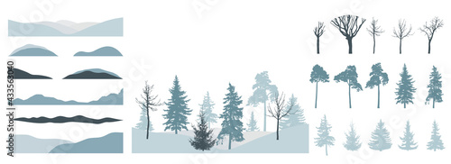 Design element of trees, set. Silhouette of bare tree, pine, spruce. Creation of beautiful winter landscape, woodland, park or forest. Vector illustration.