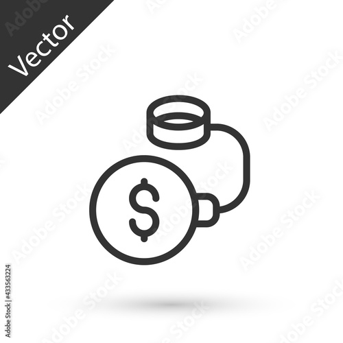 Grey line Debt ball chained to dollar coin icon isolated on white background. Big heavy debt weight with shackles and money. Financial crime, fee, crisis. Vector