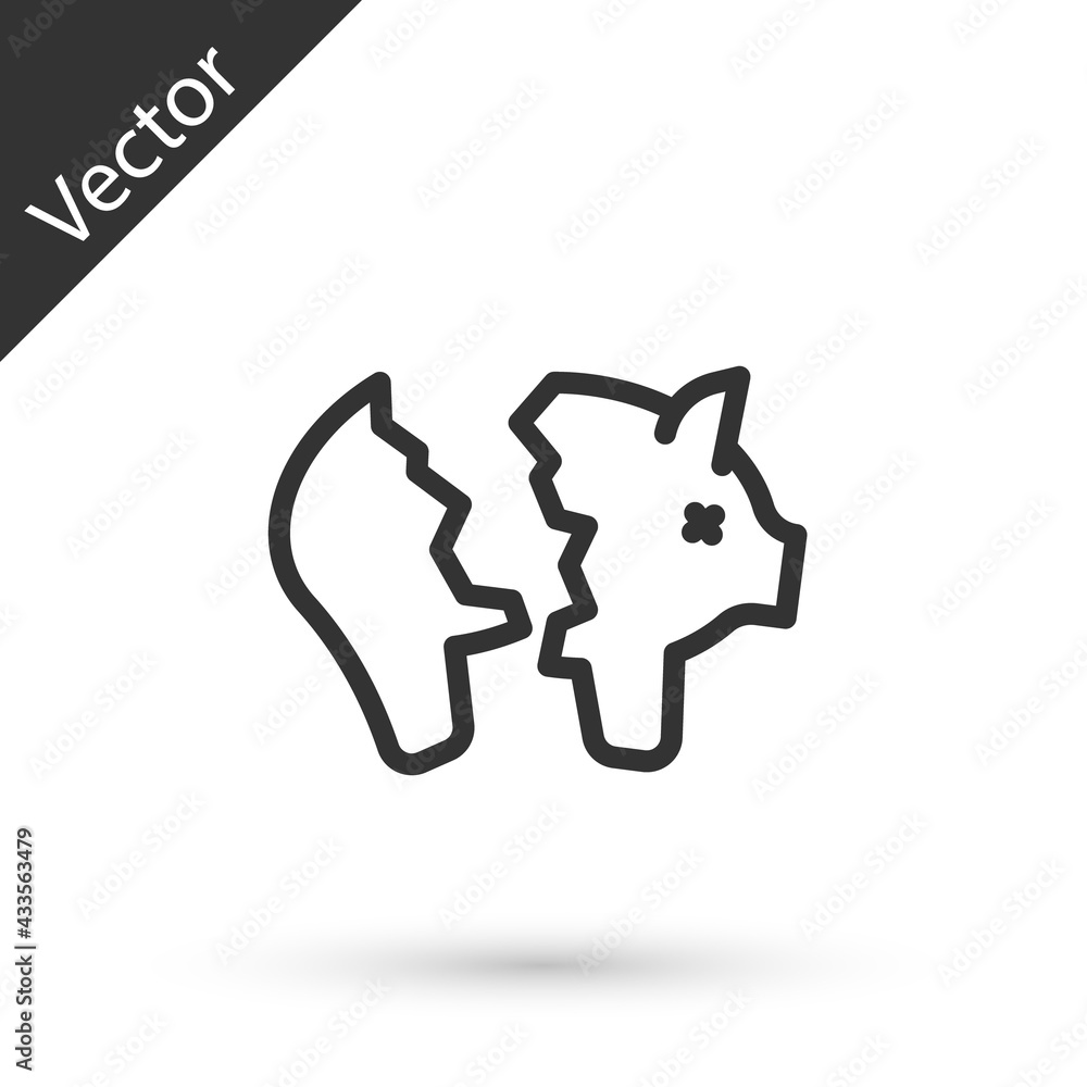 Grey line Broken piggy bank icon isolated on white background. Icon saving or accumulation of money, investment. Vector Grey line Broken piggy bank icon isolated on white background. Icon saving or accumulation of money, investment. Vector