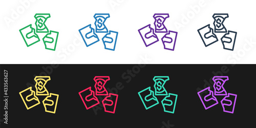 Set line Tearing apart money banknote into three peaces icon isolated on black and white background. Vector