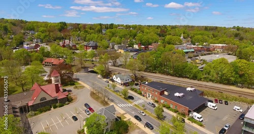 Belmont historic town center aerial view at Concord Avenue and Leonard Street in town of Belmont, Massachusetts MA, USA.  photo