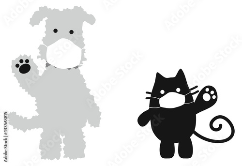 肉球を見せて手を振るマスク姿の犬と猫。
A dog and a cat wearing the surgical masks saying hello with their paws