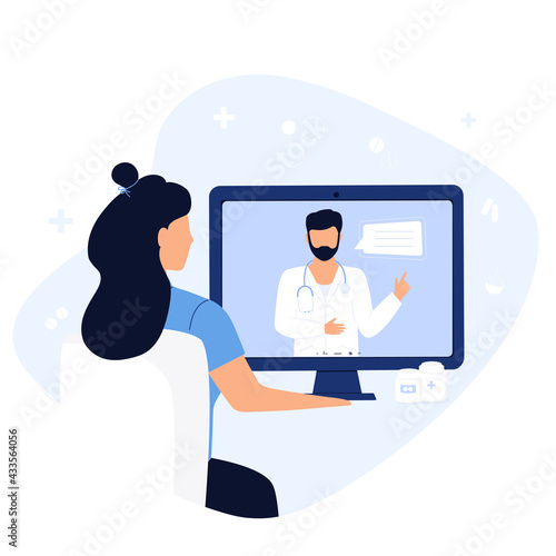 Online doctor consultation. The patient is at a remote appointment with a therapist. A woman has a conversation with a medical worker by video call using laptop. Telemedicine concept.