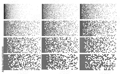 Pixel fade pattern. Square halftone set. Digital data block image. Breaking matrix illustration. Abstract vector background with texture effect.