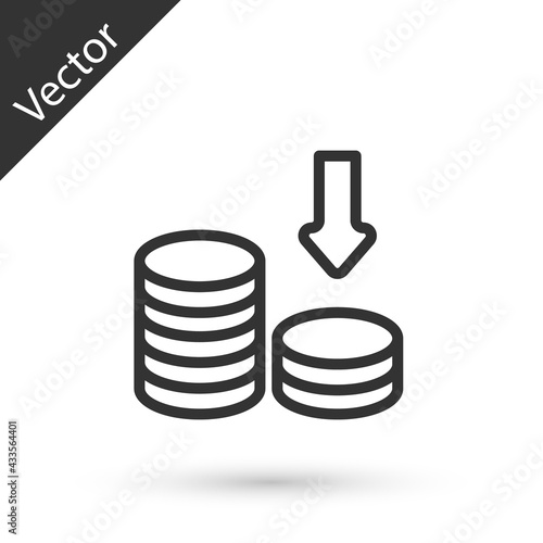 Grey line Dollar rate decrease icon isolated on white background. Cost reduction. Money symbol with down arrow. Business lost crisis decrease. Vector