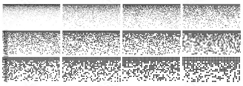 Pixel fade pattern. Square halftone set. Digital data block image. Breaking matrix illustration. Abstract vector background with texture effect.