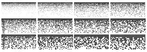 Pixel fade pattern. Square halftone set. Digital data block image. Breaking matrix illustration. Abstract vector background with texture effect.