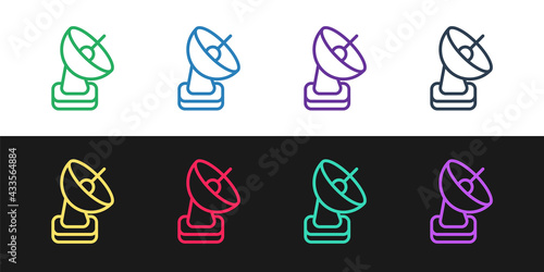 Set line Radar icon isolated on black and white background. Search system. Satellite sign. Vector