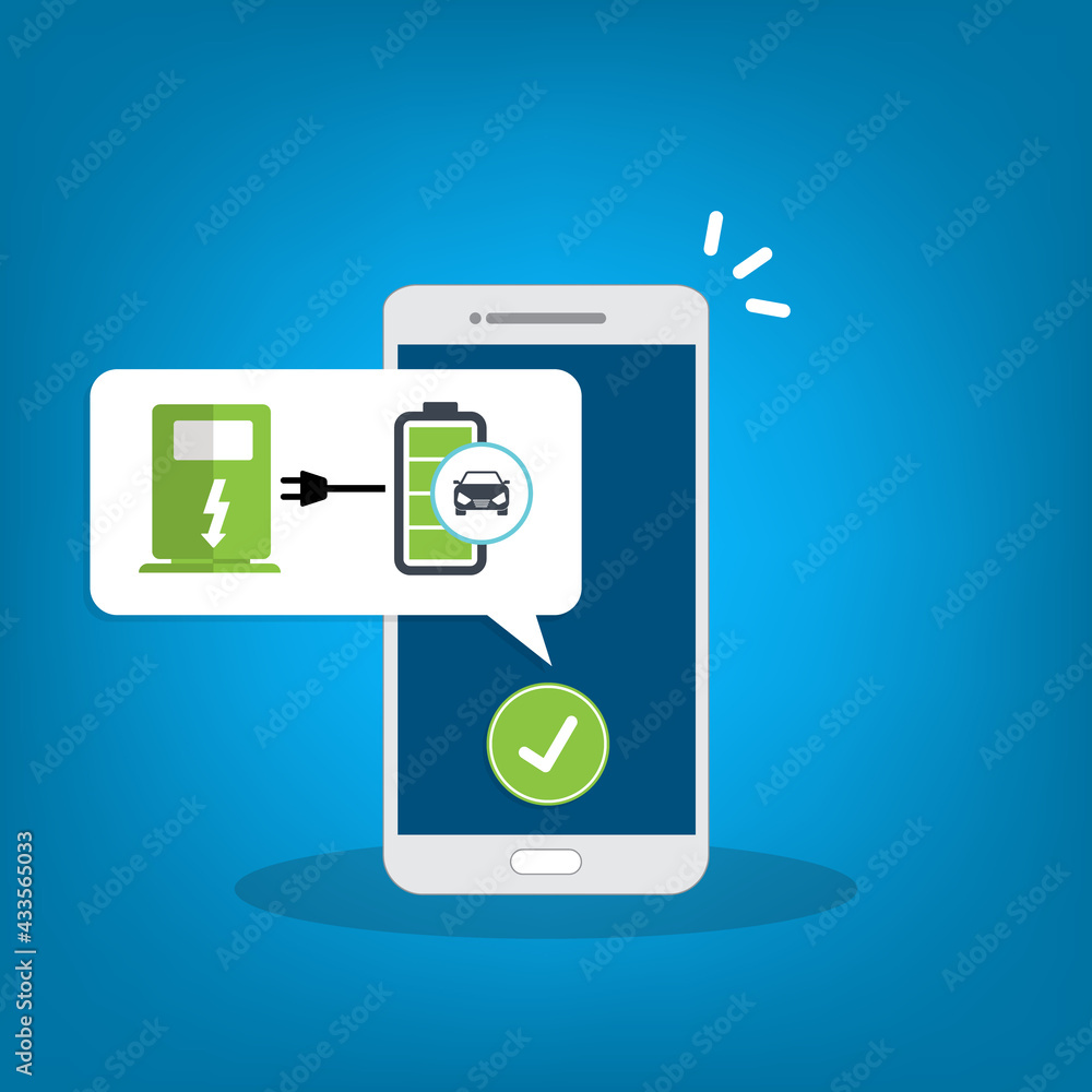Electric car charging application on a mobile phone, vector illustration. Electric car charging application on a mobile phone, vector illustration.