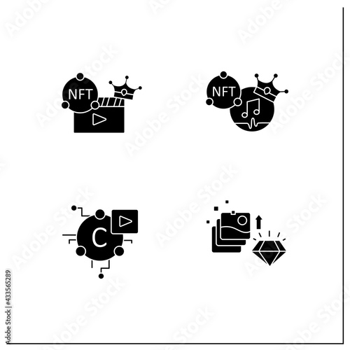 NFT glyph icons set.Non fungible tokens music,video clips,cryptomedia,digital art.Unique digital assets. Digitalization concept. Filled flat signs. Isolated silhouette vector illustrations