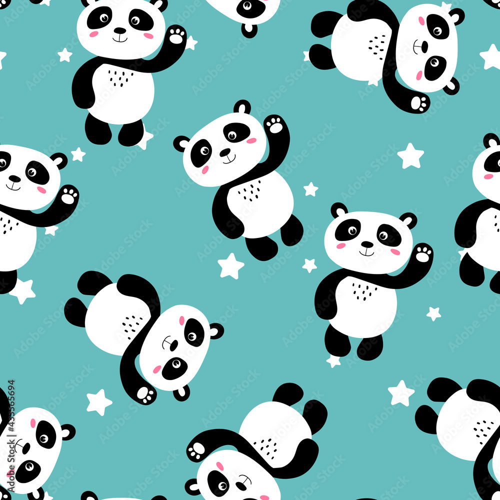 Seamless pattern with cute panda baby and stars on color background. Funny asian animals. Card, postcards for kids. Flat vector illustration for fabric, textile, wallpaper, gift wrapping paper