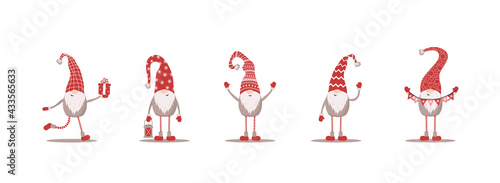 Cute gnomes in red santa hats on white background. Scandinavian christmas elves. Vector illustration in flat cartoon style. Nordic element design for greeting cards, season greetings, web, wrapper.