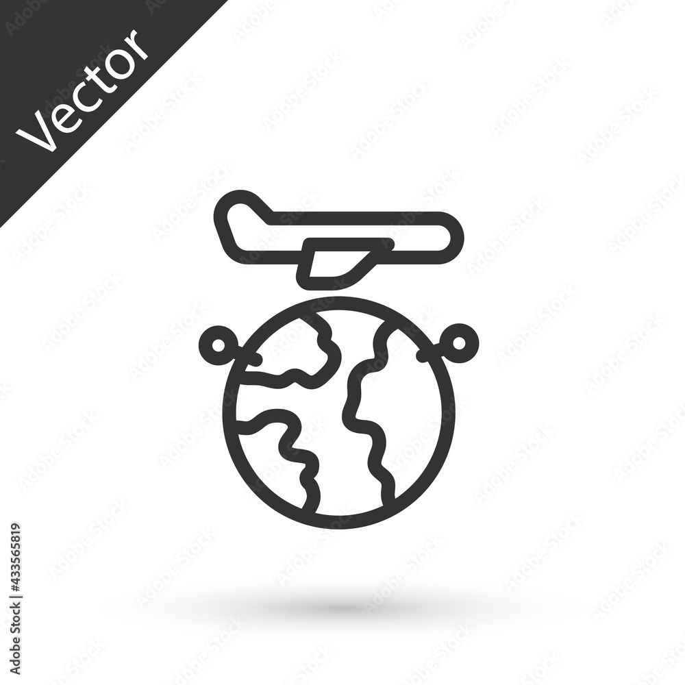 Grey line Globe with flying plane icon isolated on white background. Airplane fly around the planet earth. Aircraft world icon. Vector Grey line Globe with flying plane icon isolated on white background. Airplane fly around the planet earth. Aircraft world icon. Vector