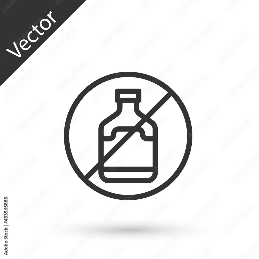 Grey line No alcohol icon isolated on white background. Prohibiting alcohol beverages. Forbidden symbol with beer bottle glass. Vector Grey line No alcohol icon isolated on white background. Prohibiting alcohol beverages. Forbidden symbol with beer bottle glass. Vector